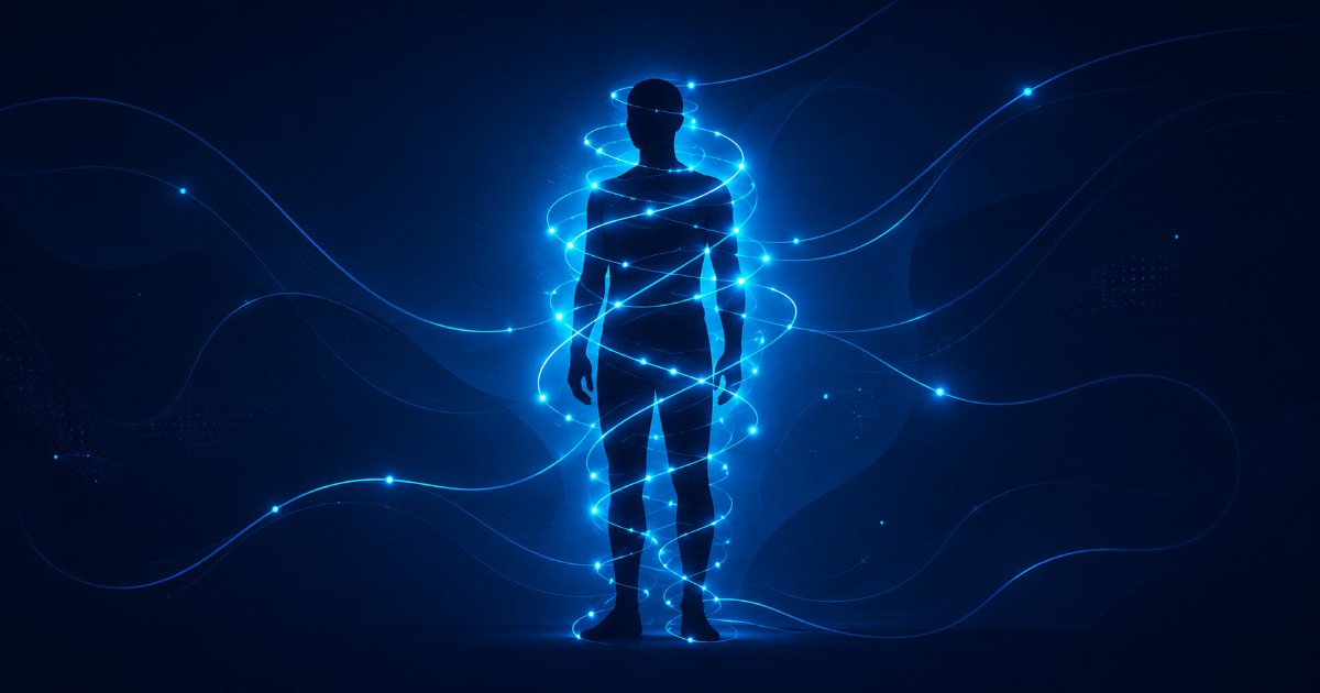 silueta člověka propletená světélkujícími digitálními vlákny jako symbol závislosti na technologii